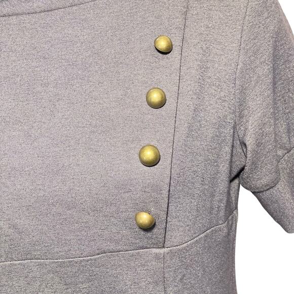 Eliza J Ponte Gray Dress Button Accent Cowl Neck Short Sleeve Fit Flare 8 Petite - Picture 14 of 15